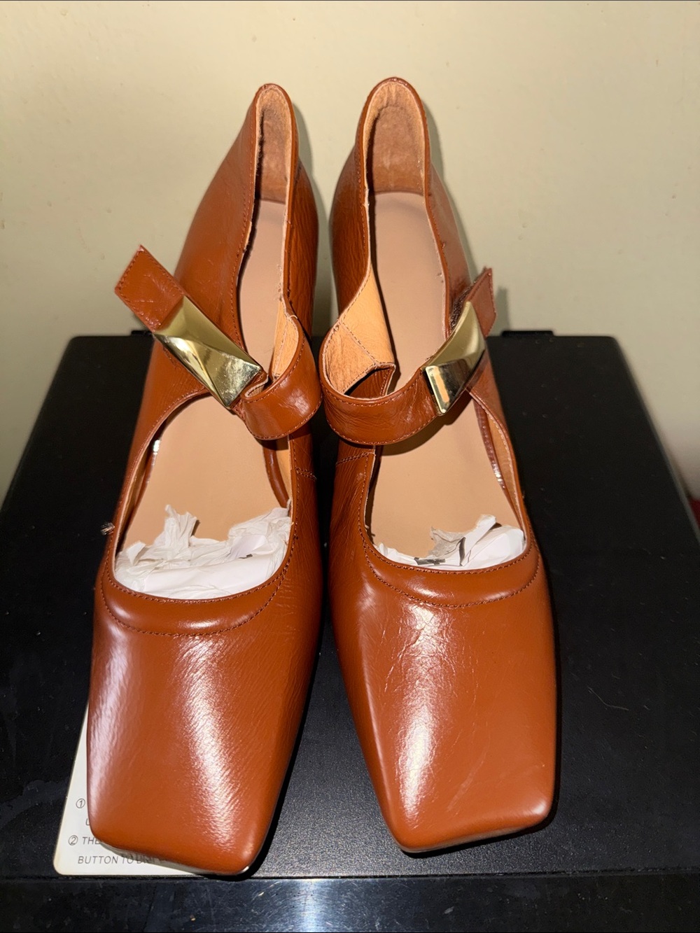 Women’s Tan Leather Mary Jane Heels with Gold Accent Strap